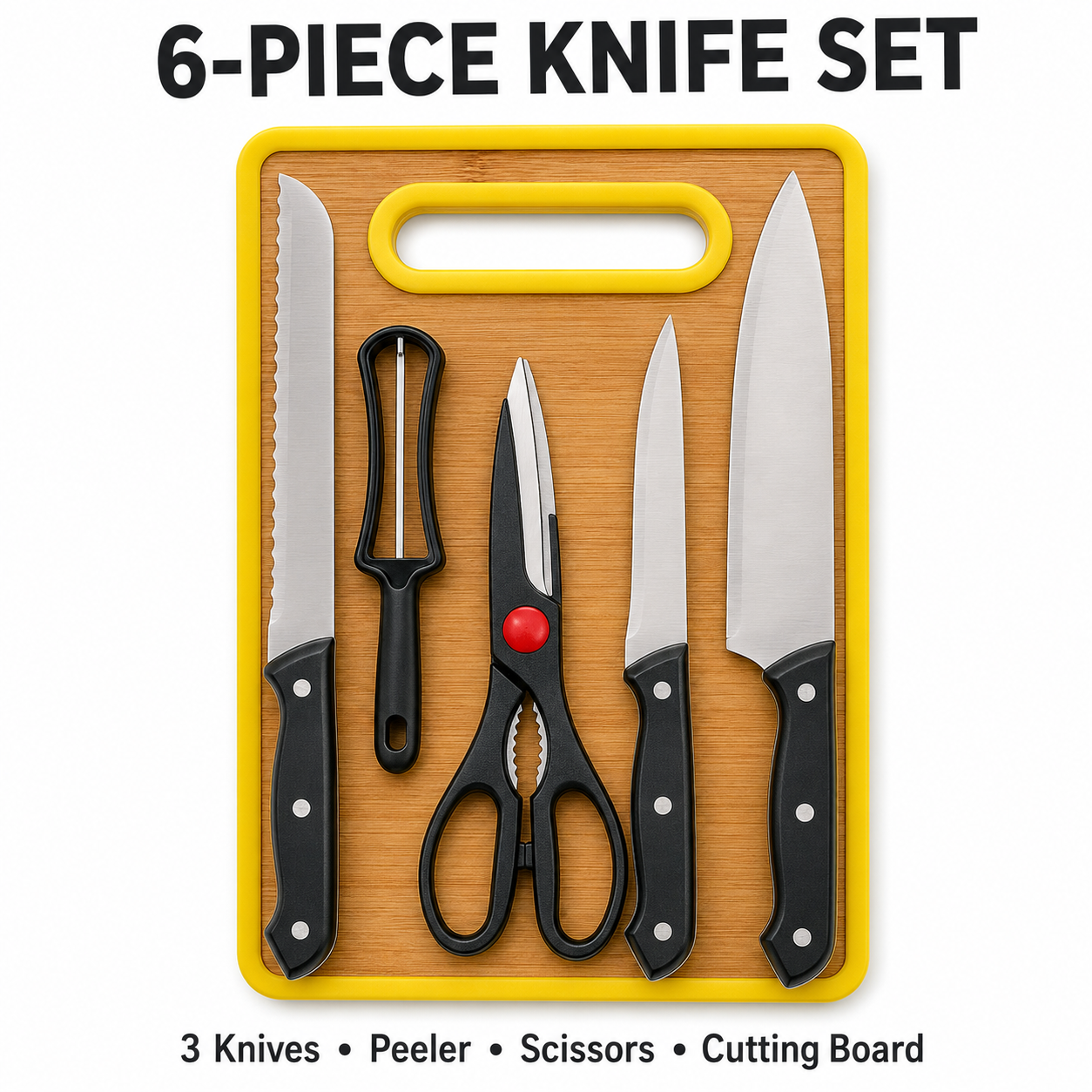 6-Piece Stainless Steel Kitchen Knife Set with Non-Slip Cutting Board – Includes Chef Knife, Bread Knife, Paring Knife, Kitchen Shears & Peeler (Yellow)