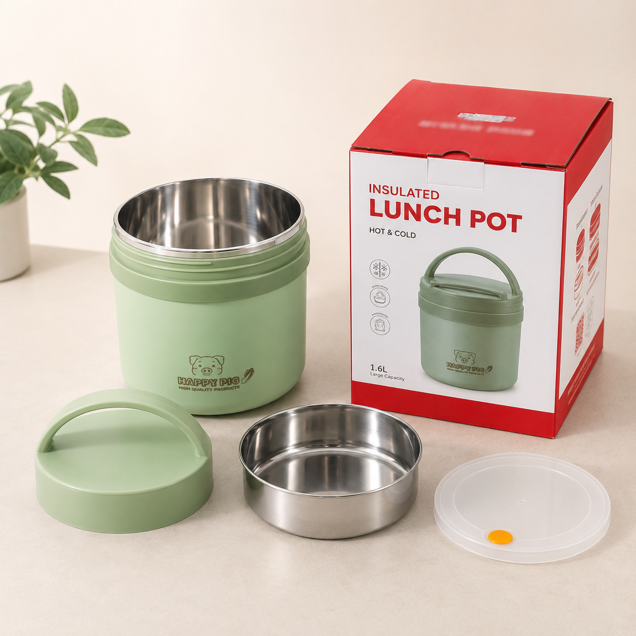 Insulated Lunch Pot - 1.6L Large Capacity Stainless Steel Multi-Layer Thermal Bento Box Food Flask with Portable Handle & Inner Bowl (Pink/Green)