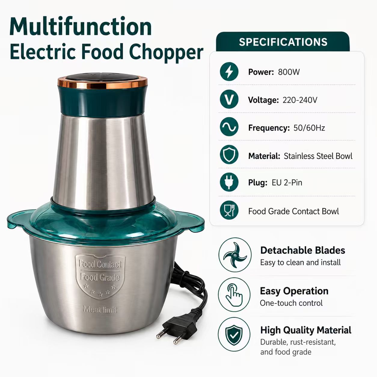 800W Electric Food Processor & Meat Grinder with 3L Stainless Steel Bowl, 4 Detachable S-Blades, One-Touch Control & Splash Guard Lid (3L)