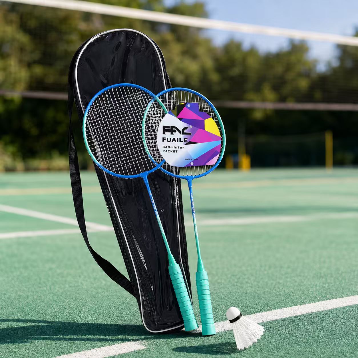 Lightweight Badminton Racket Set – 2 Player Badminton Rackets with 1 Shuttlecock & Shoulder Carry Bag for Outdoor Family Fun (Blue Teal)