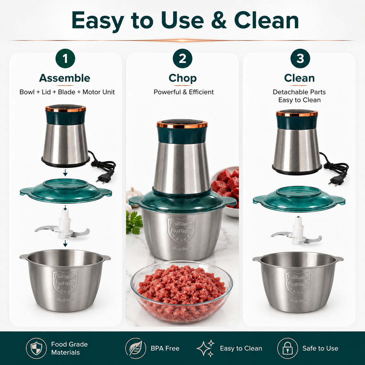 800W Electric Food Processor & Meat Grinder with 3L Stainless Steel Bowl, 4 Detachable S-Blades, One-Touch Control & Splash Guard Lid (3L)
