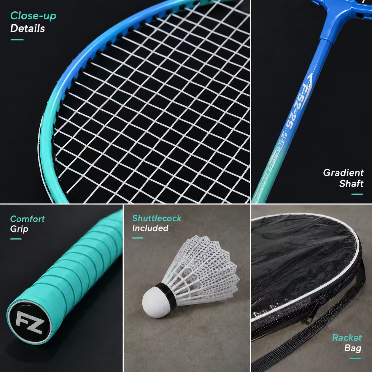 Lightweight Badminton Racket Set – 2 Player Badminton Rackets with 1 Shuttlecock & Shoulder Carry Bag for Outdoor Family Fun (Blue Teal)