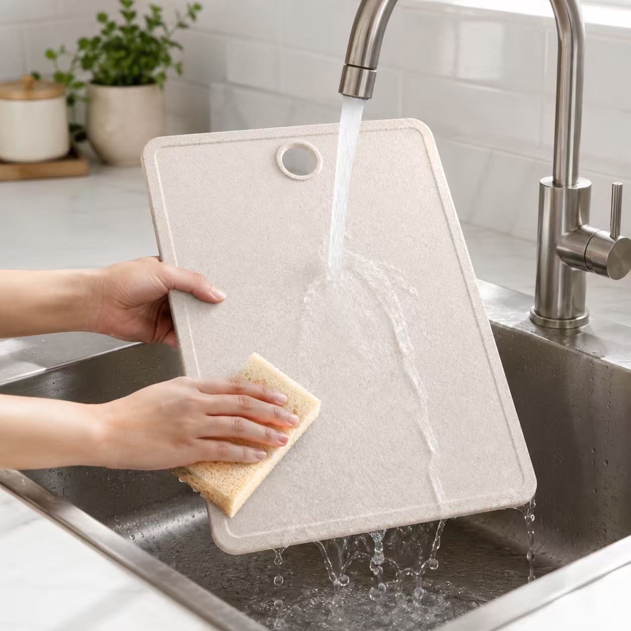 Eco-Friendly Wheat Straw Plastic Cutting Board with Juice Groove & Hanging Hole – Non-Porous Thick Kitchen Chopping Board for Meat & Veggies (Oat Beige)