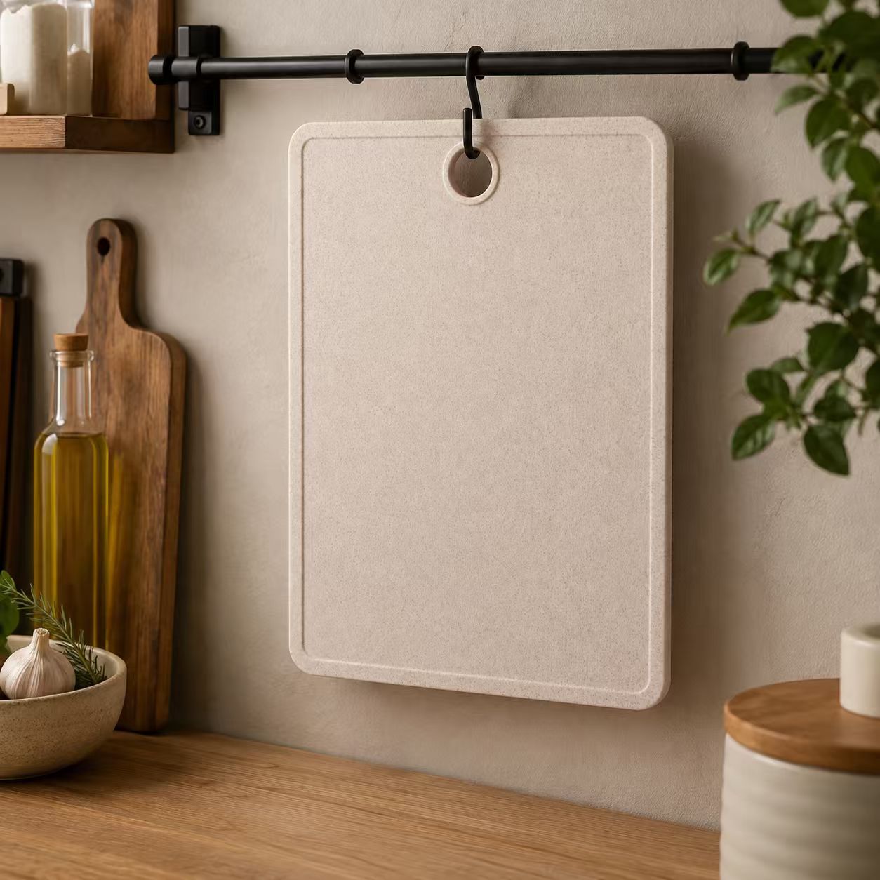 Eco-Friendly Wheat Straw Plastic Cutting Board with Juice Groove & Hanging Hole – Non-Porous Thick Kitchen Chopping Board for Meat & Veggies (Oat Beige)