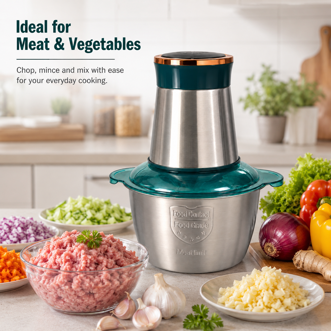 800W Electric Food Processor & Meat Grinder with 3L Stainless Steel Bowl, 4 Detachable S-Blades, One-Touch Control & Splash Guard Lid (3L)