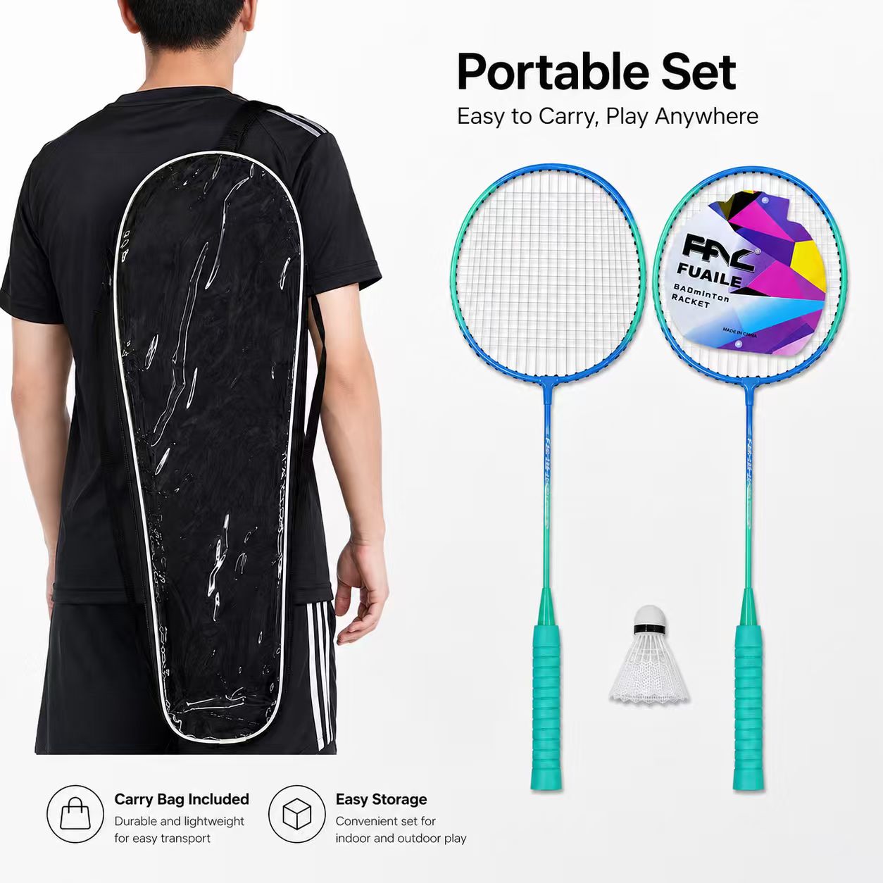 Lightweight Badminton Racket Set – 2 Player Badminton Rackets with 1 Shuttlecock & Shoulder Carry Bag for Outdoor Family Fun (Blue Teal)