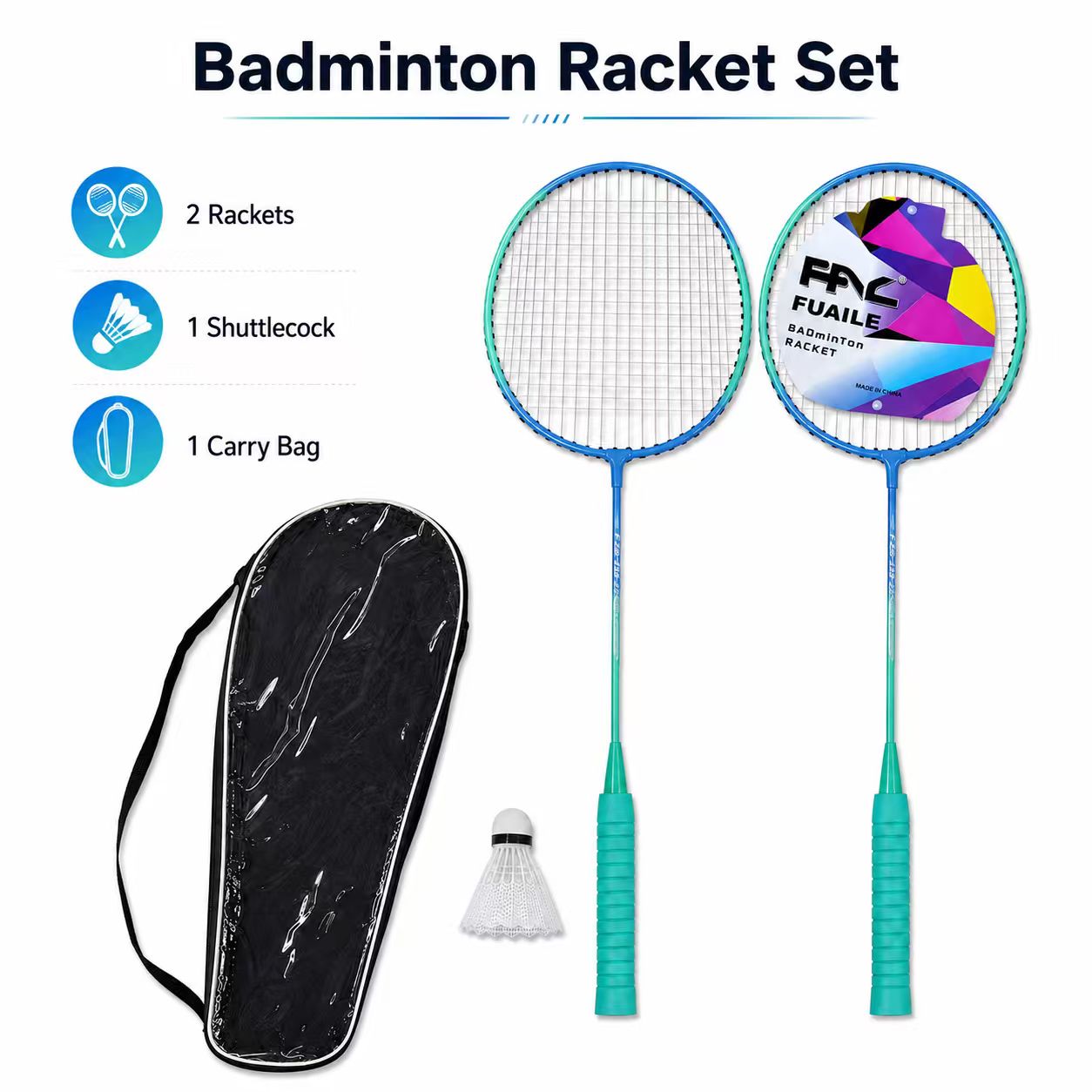 Lightweight Badminton Racket Set – 2 Player Badminton Rackets with 1 Shuttlecock & Shoulder Carry Bag for Outdoor Family Fun (Blue Teal)