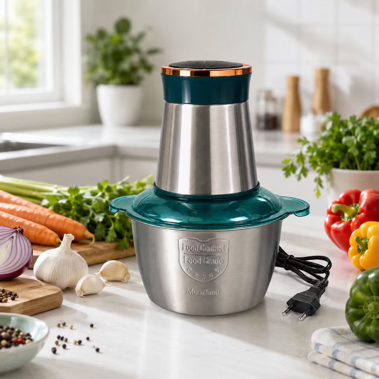 800W Electric Food Processor & Meat Grinder with 3L Stainless Steel Bowl, 4 Detachable S-Blades, One-Touch Control & Splash Guard Lid (3L)