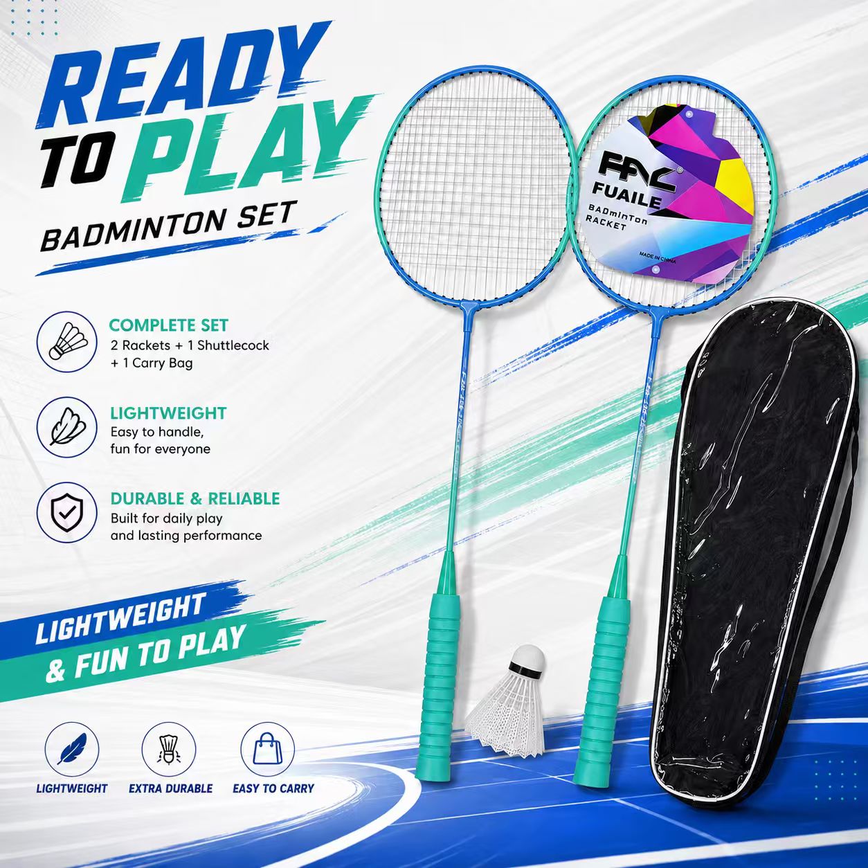 Lightweight Badminton Racket Set – 2 Player Badminton Rackets with 1 Shuttlecock & Shoulder Carry Bag for Outdoor Family Fun (Blue Teal)