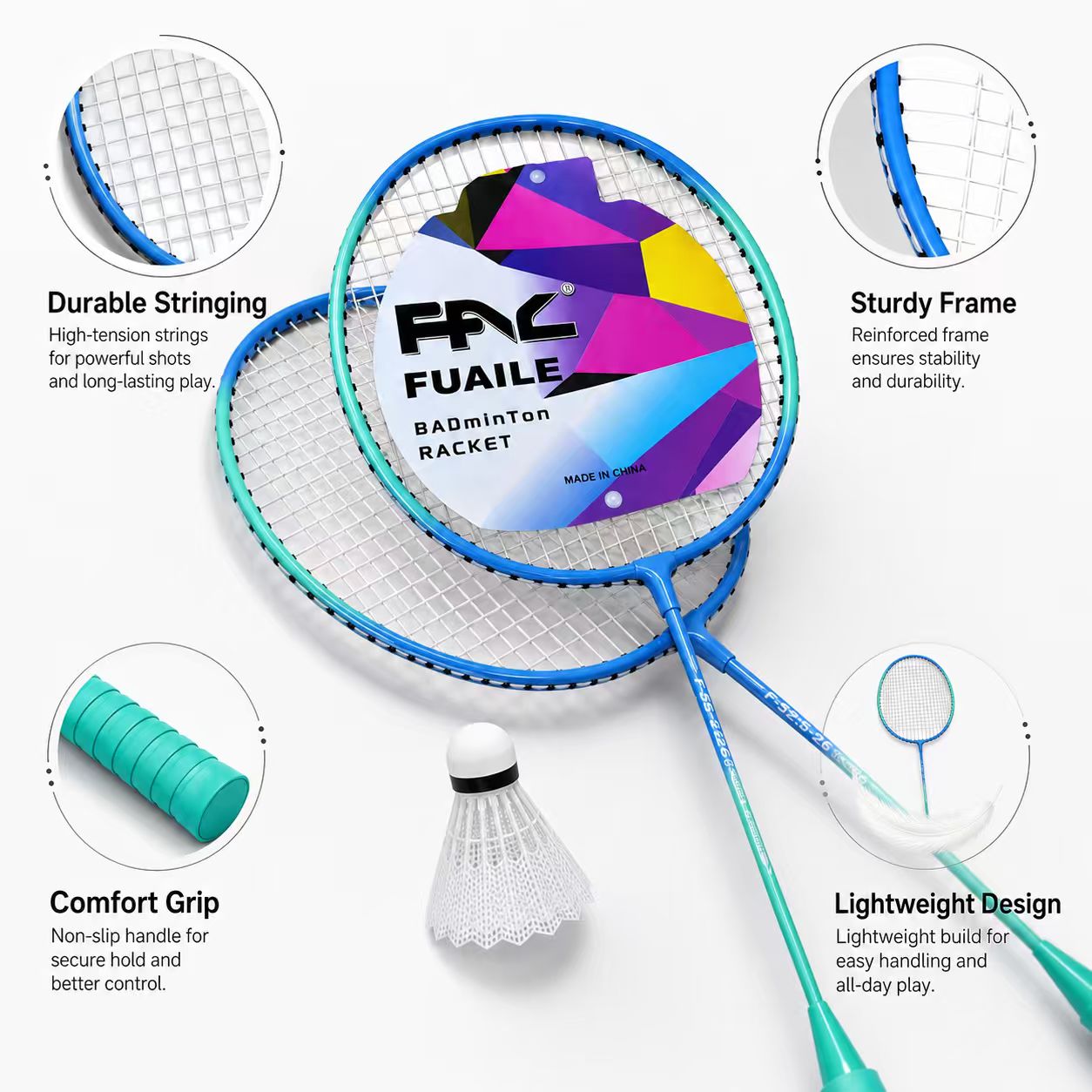 Lightweight Badminton Racket Set – 2 Player Badminton Rackets with 1 Shuttlecock & Shoulder Carry Bag for Outdoor Family Fun (Blue Teal)