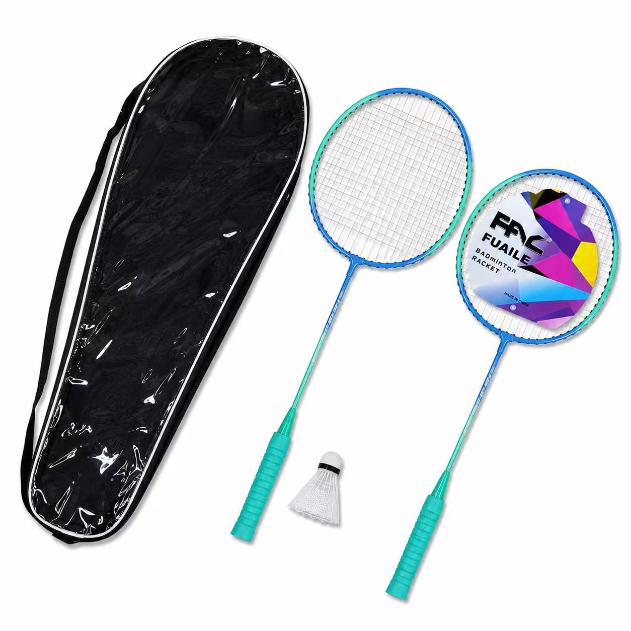 Lightweight Badminton Racket Set – 2 Player Badminton Rackets with 1 Shuttlecock & Shoulder Carry Bag for Outdoor Family Fun (Blue Teal)