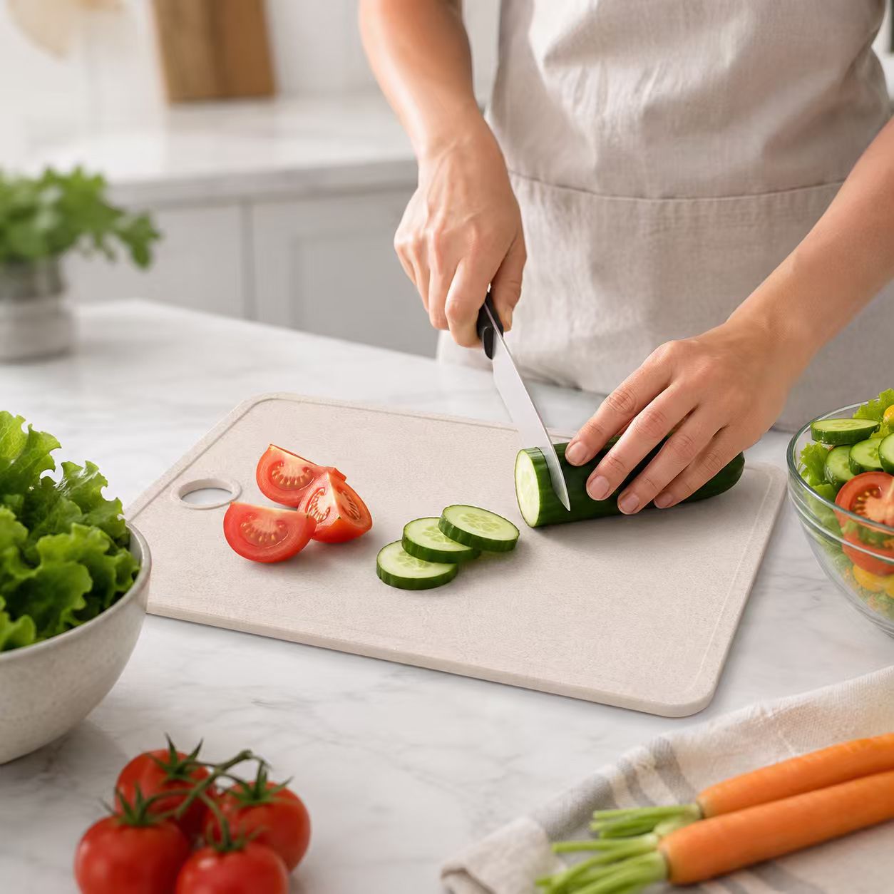 Eco-Friendly Wheat Straw Plastic Cutting Board with Juice Groove & Hanging Hole – Non-Porous Thick Kitchen Chopping Board for Meat & Veggies (Oat Beige)