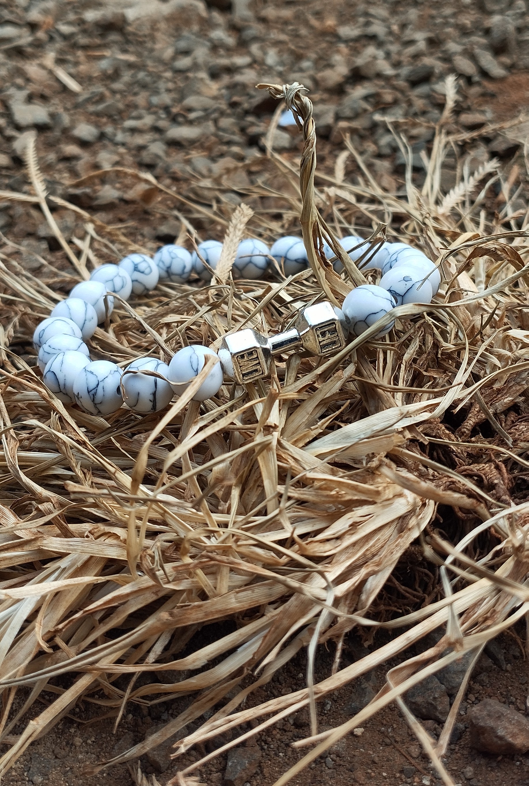 Mzito Gems White Marbled Fitness Dumbbell Beaded Bracelet – Unisex Gym & Motivation Wristband