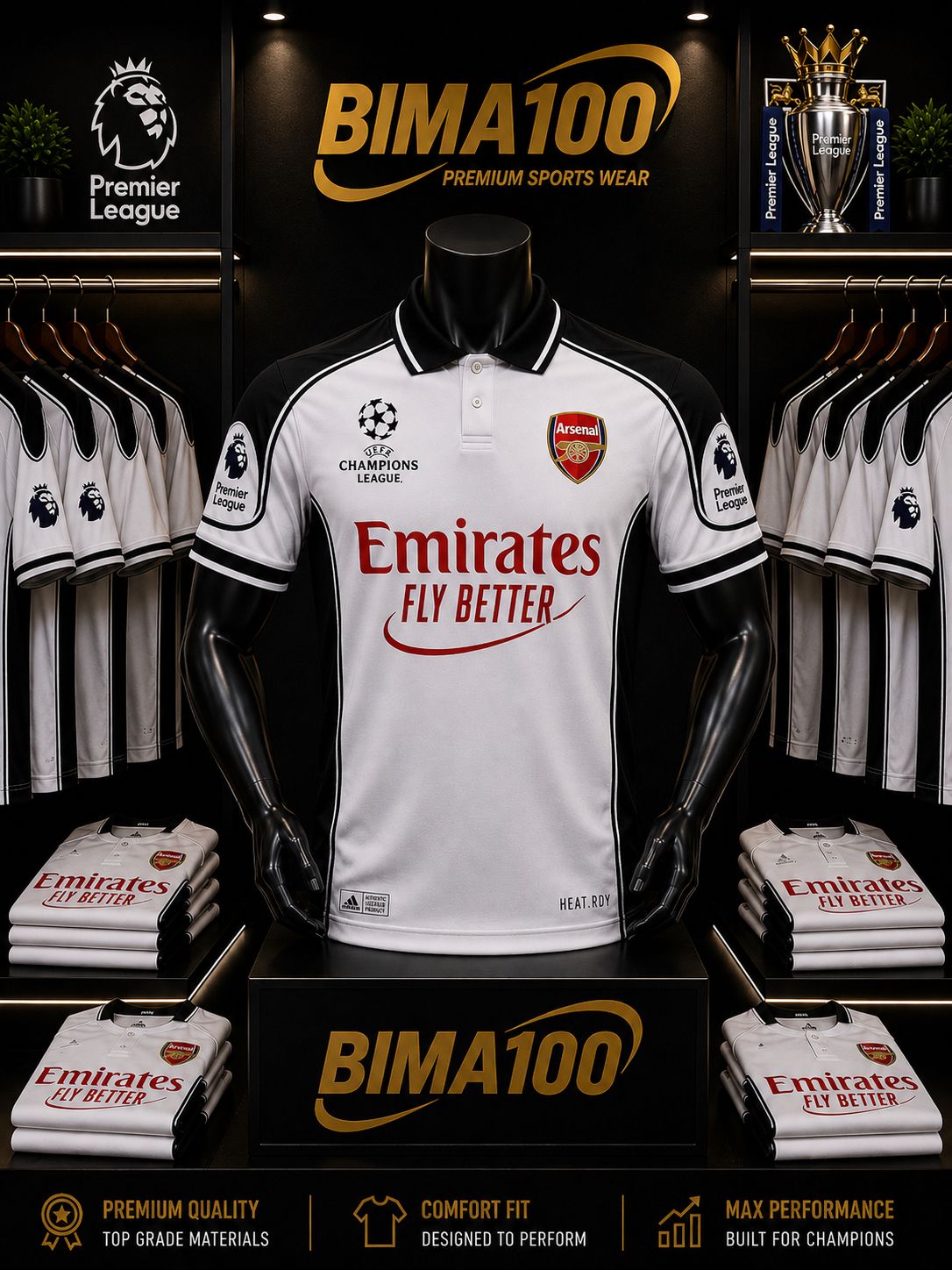 (OFFER) ARSENAL PREMIUM SPORTS WEAR WHITE AND BLACK JERSEY WITH CHAMPIONS LEAGUE BRANDING Football Jersey Authentic 2026 World Cup Jersey International Football Good Quality