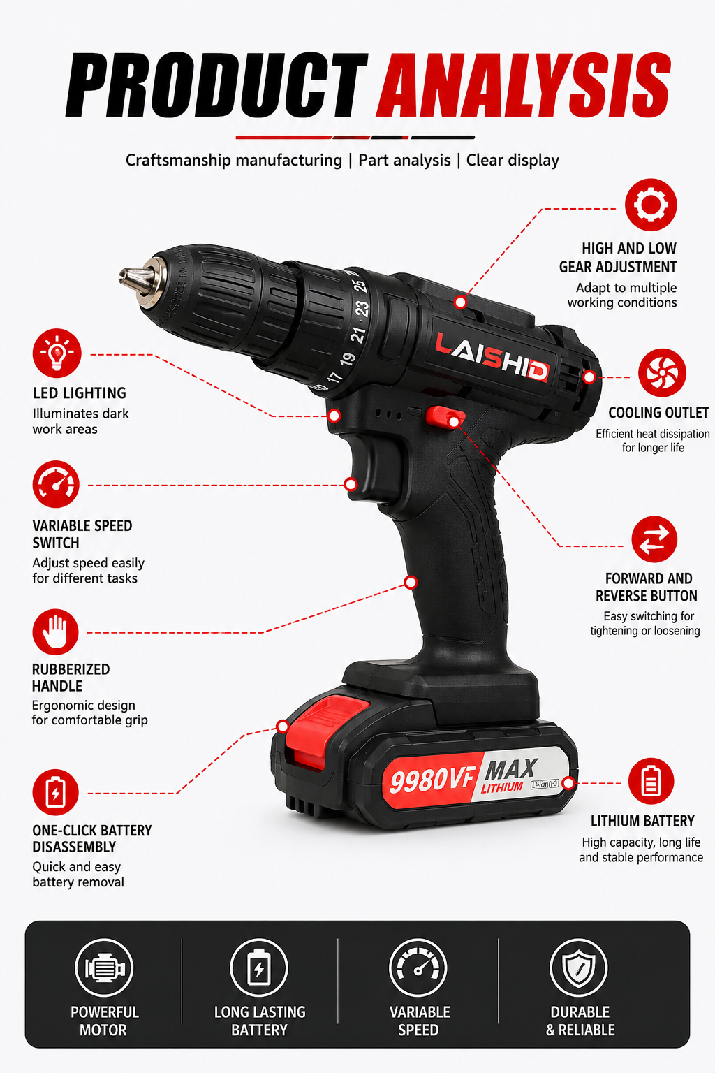 【Limited-time discount today】LAISHID brand Electric Cordless Drill,charging electric screwdriver, Power Drill Cordless, Charger 21 Volt , Drills Cordless Setttery