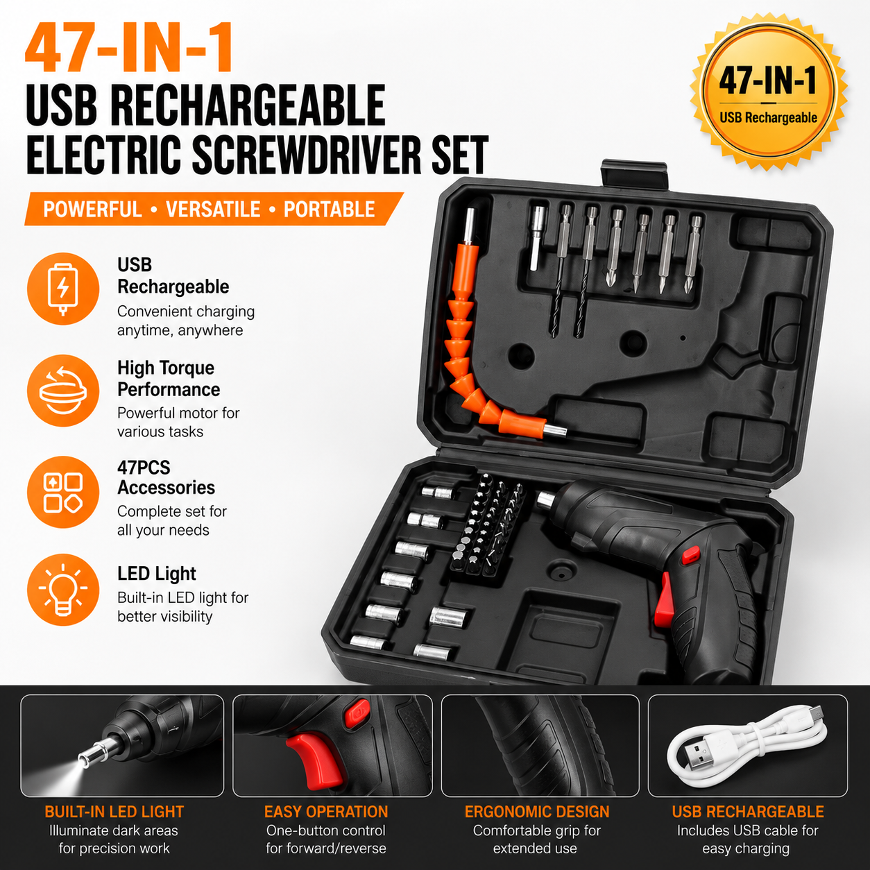 47-in-1 Rechargeable Cordless Electric Screwdriver Set - 3.6V Multi-function Power Tool Kit - Ideal for Household DIY, Repairs & Furniture Assembly