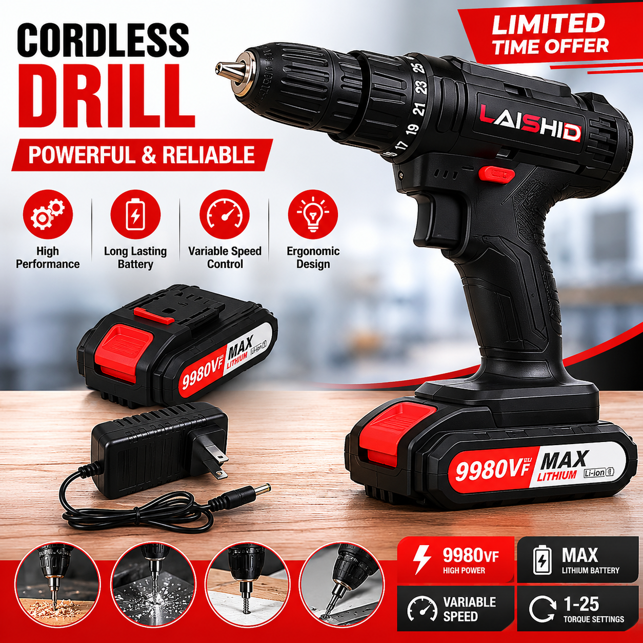 【Limited-time discount today】LAISHID brand Electric Cordless Drill,charging electric screwdriver, Power Drill Cordless, Charger 21 Volt , Drills Cordless Setttery
