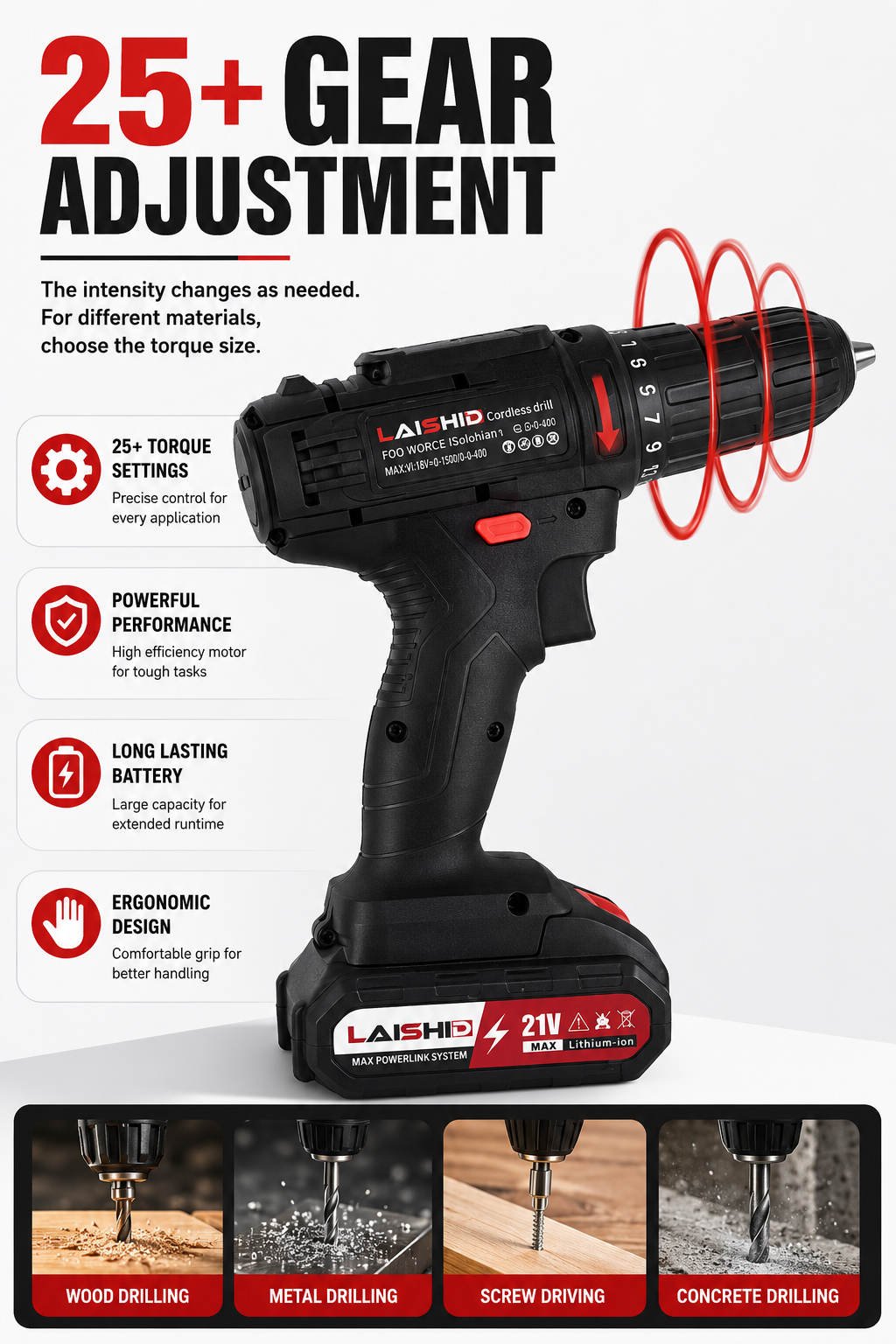 【Limited-time discount today】LAISHID brand Electric Cordless Drill,charging electric screwdriver, Power Drill Cordless, Charger 21 Volt , Drills Cordless Setttery