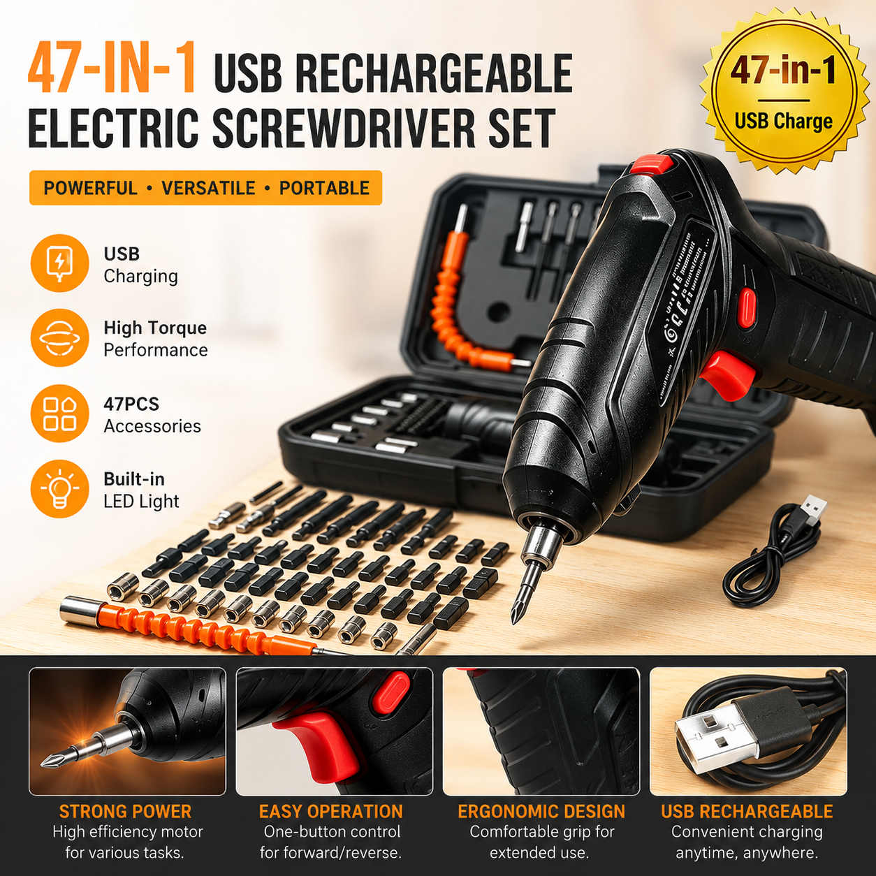 47-in-1 Rechargeable Cordless Electric Screwdriver Set - 3.6V Multi-function Power Tool Kit - Ideal for Household DIY, Repairs & Furniture Assembly