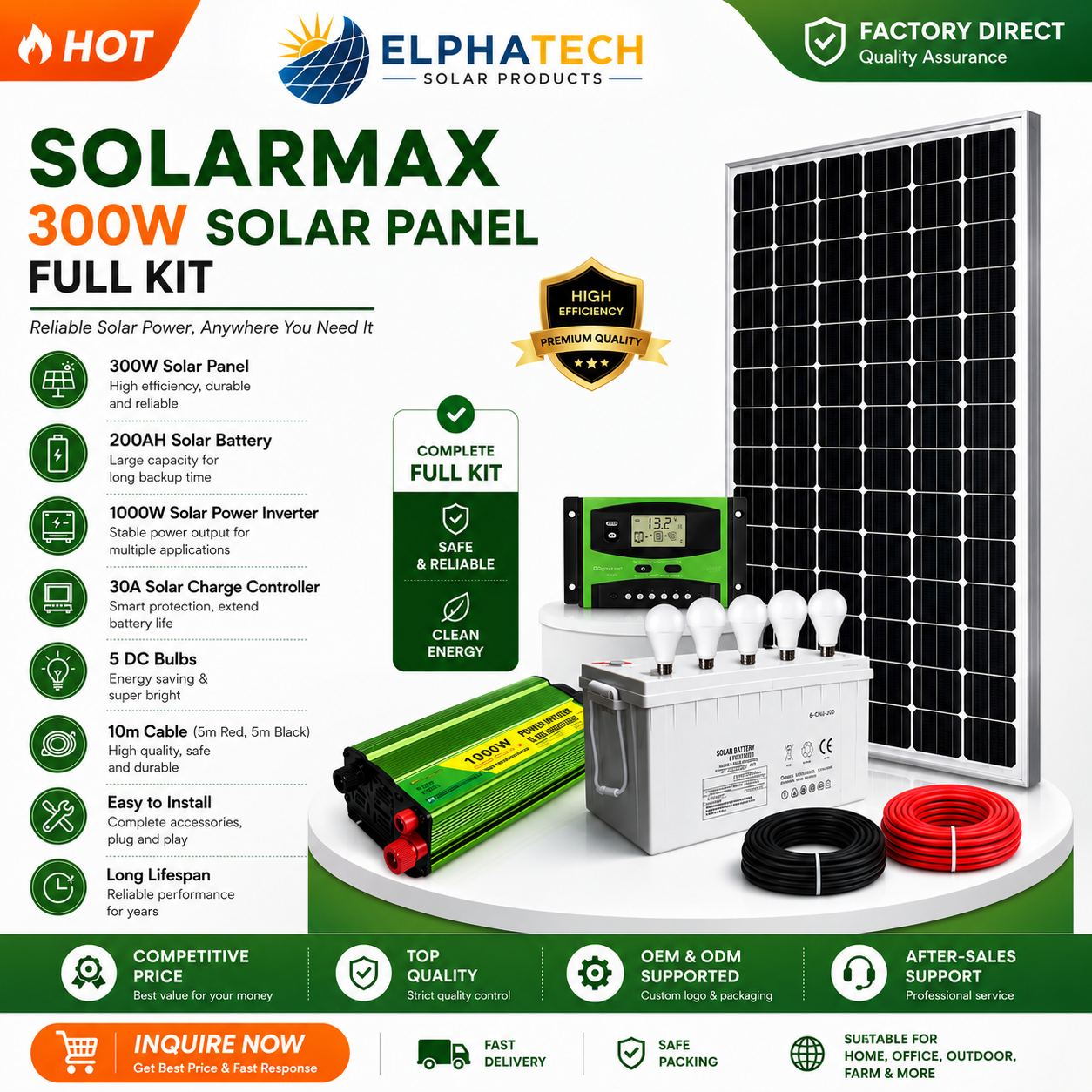 Solarmax 300W Solar Panel Full Kit + 200Ah Solar Battery +1000W Solar Inverter +30 Ah Solar Charge Controller + 5 DC Bulb + 10m Cable