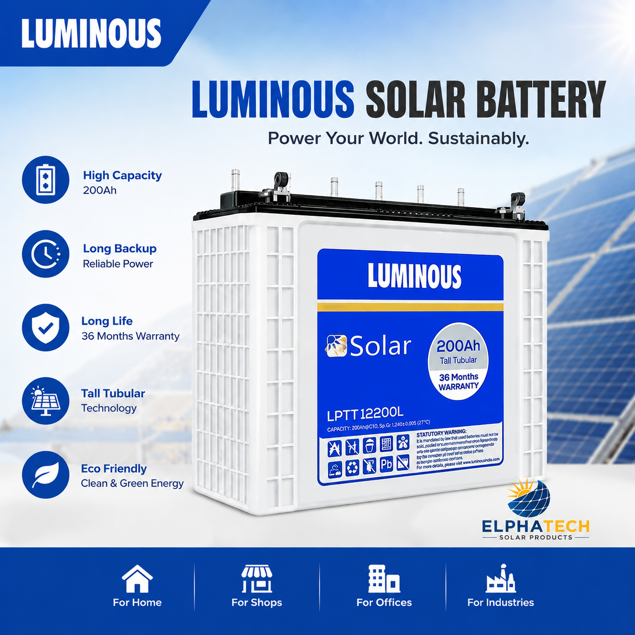 Luminous 200AH Heavy Duty TUBULAR SOLAR BATTERY