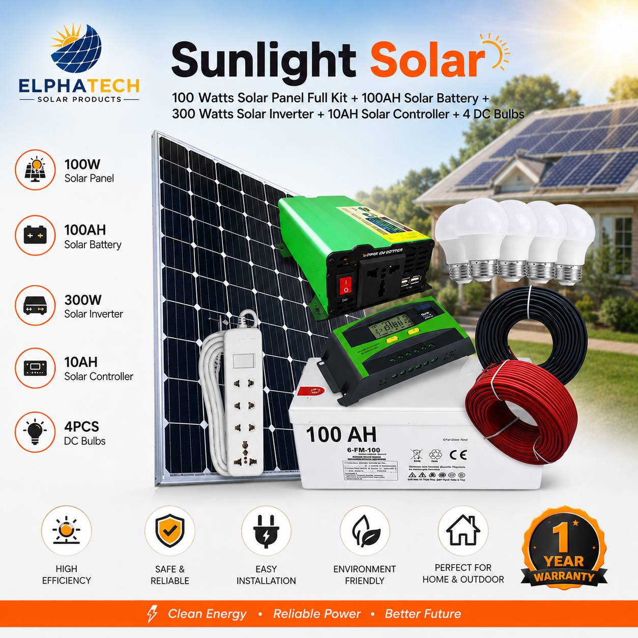 Sunlight Solar 100 Watts Solar Panel Full Kit + 100AH Solar Battery + 300 Watts Solar Inverter + 10AH Solar Controller + 4 DC Bulbs