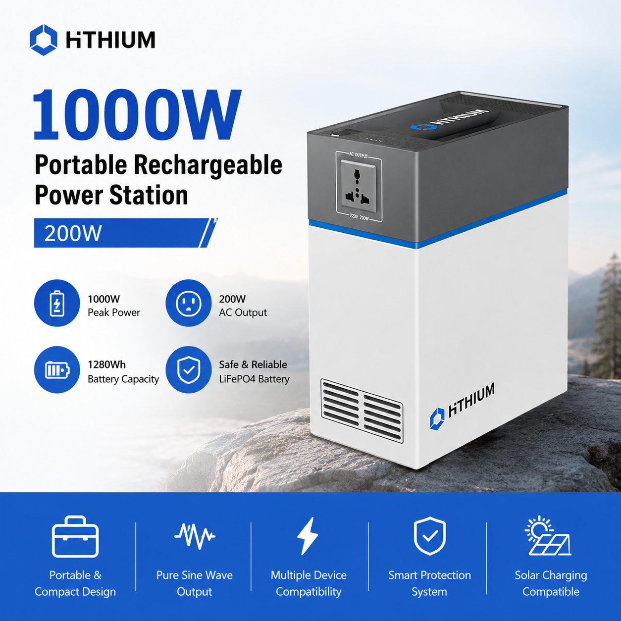 HITHIUM 1000W Portable Rechargeable Power Station 200w Output Portable Power Bank Station Solar Power Lithium 3 In 1 Inverter+Battery+Solar Controller Output 200W Rated Power 1004Wh UPS Plug & Play 2