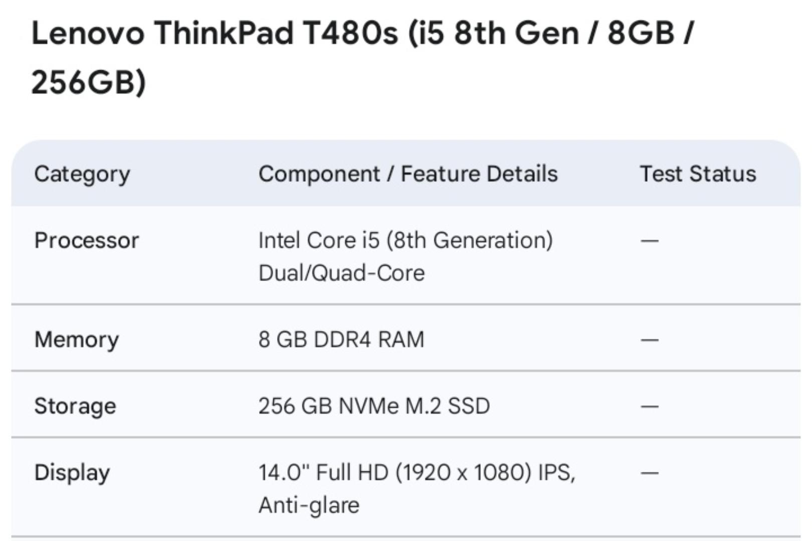 Refurbished Lenovo ThinkPad T480s Business Laptop, Intel Core i5-8th Generation CPU, 8GB RAM, 256GB SSD, 14 inch Display, Windows 11 For Student & Office Professional Use