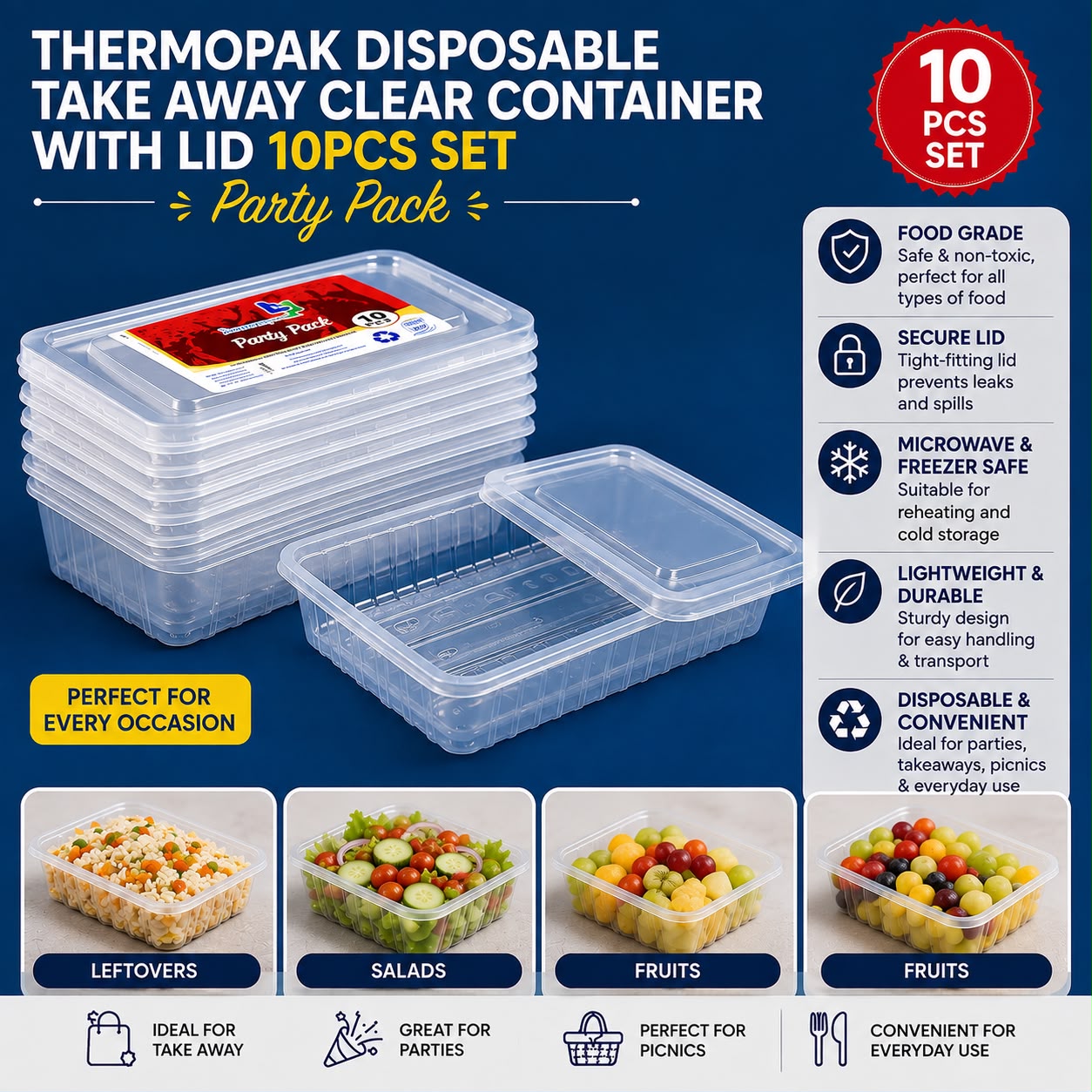 Thermopak Clear Takeaway Containers with Lid - 10Pcs Party Pack