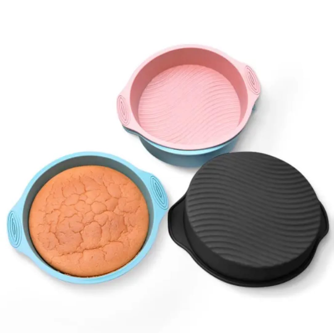 Cake Baking Pan with Handles - Round Silicone Non-Stick Wave Pattern Mold