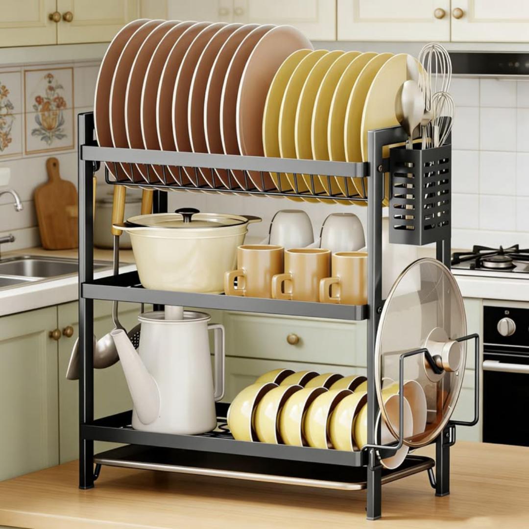 Luxury 3-Tier Kitchen Dish Drying Rack with Drain Tray & Utensil Holder – Large Capacity Countertop Dish Organizer for Plates, Bowls, Cups, Cutlery & Chopping Board – Modern Black & Gold Rustproof Kit
