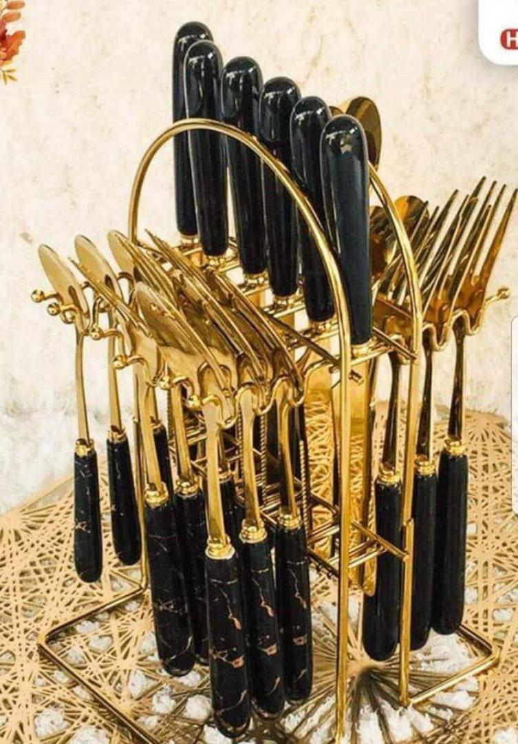 Luxury 24-Piece Gold Cutlery Set with Elegant Black Marble Handles & Matching Organizer Stand