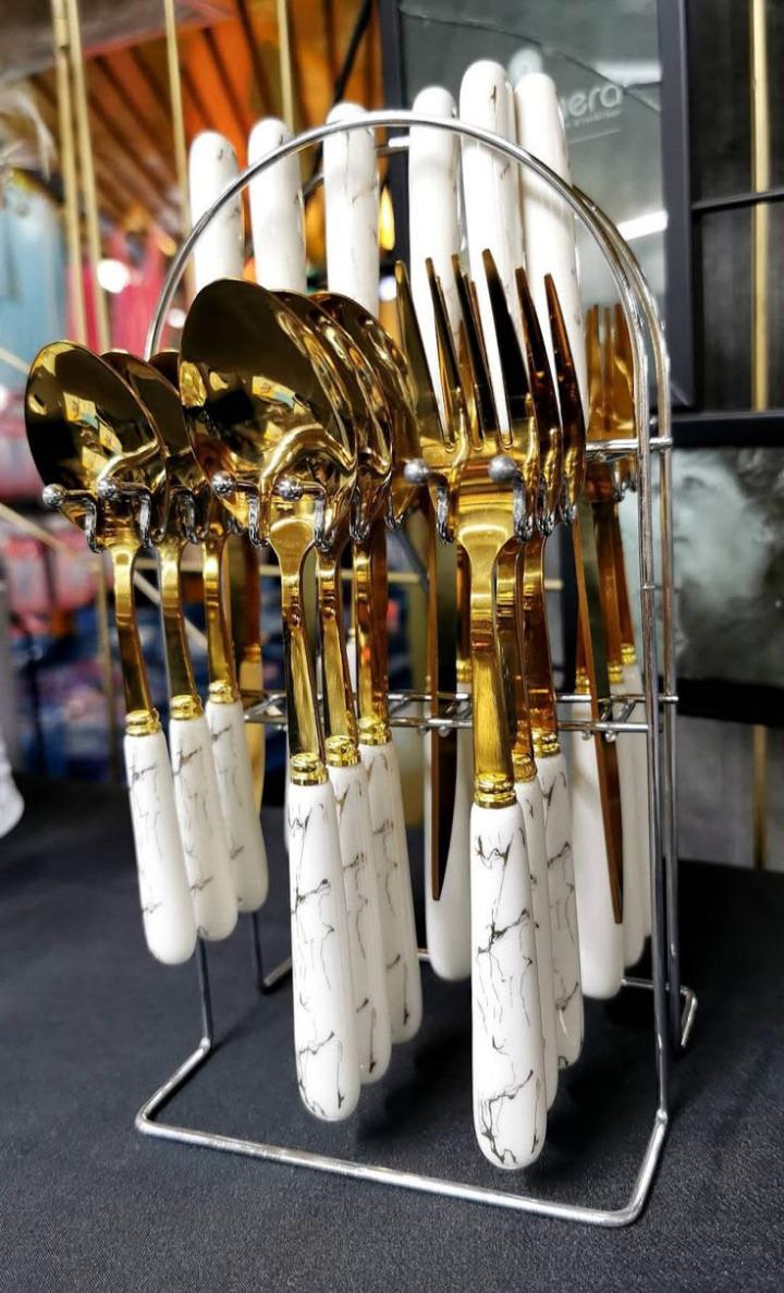 Luxury 24-Piece Gold Cutlery Set with Elegant Black Marble Handles & Matching Organizer Stand