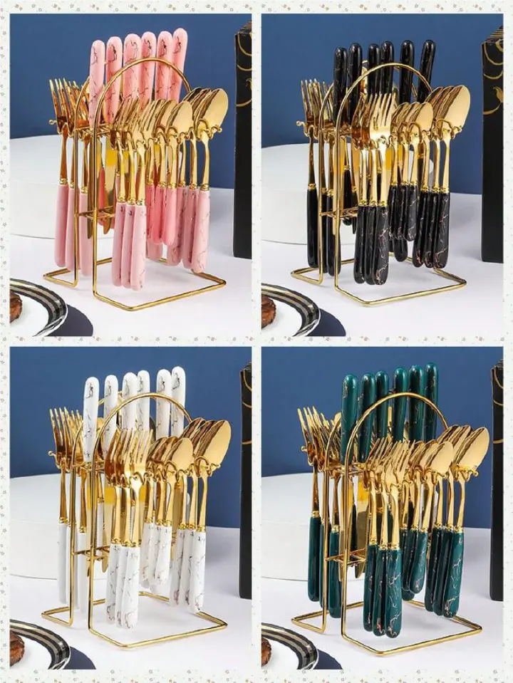 Luxury 24-Piece Gold Cutlery Set with Elegant Black Marble Handles & Matching Organizer Stand