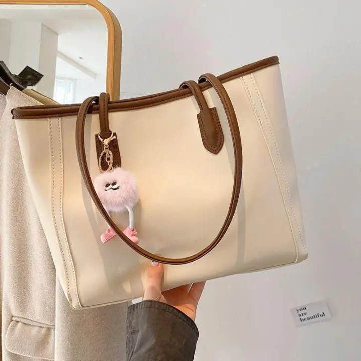 Fashion Large Capacity Women's Shoulder Tote Bag - Classic Two-Tone Elegant Handbag with Cute Plush Charm
