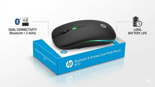 HP W10 Wireless Bluetooth Mouse Rechargeable Dual Mode 2.4G USB Bluetooth 5.1 Silent Ergonomic Mouse for Laptop Desktop PC