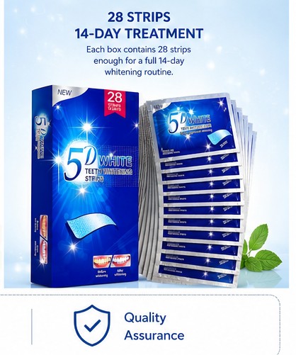 5D White Teeth Whitening Strips – 28 Enamel-Safe Whitening Strips for 14-Day Treatment, Removes Coffee Tea Wine and Smoking Stains, Visible Results in 3 Days, Easy At-Home Teeth Brightening Kit