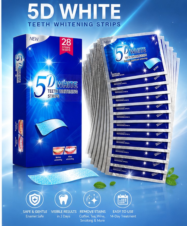 5D White Teeth Whitening Strips – 28 Enamel-Safe Whitening Strips for 14-Day Treatment, Removes Coffee Tea Wine and Smoking Stains, Visible Results in 3 Days, Easy At-Home Teeth Brightening Kit