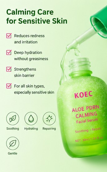 KOEC Aloe PDRN Calming Facial Serum 30ml – Soothing Repair Hydrating Serum for Sensitive Skin, Redness Relief & Skin Barrier Care