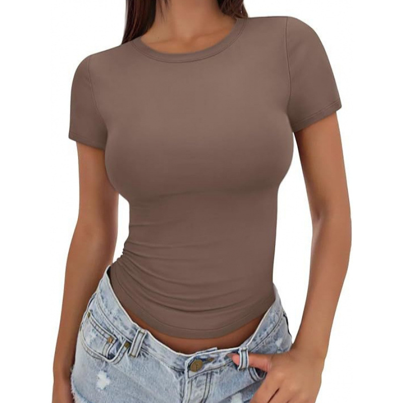 2026 Cross-border Casual Summer Versatile Fitted High Neck Short Sleeve T-shirt Slim Y2K Women European American Tops