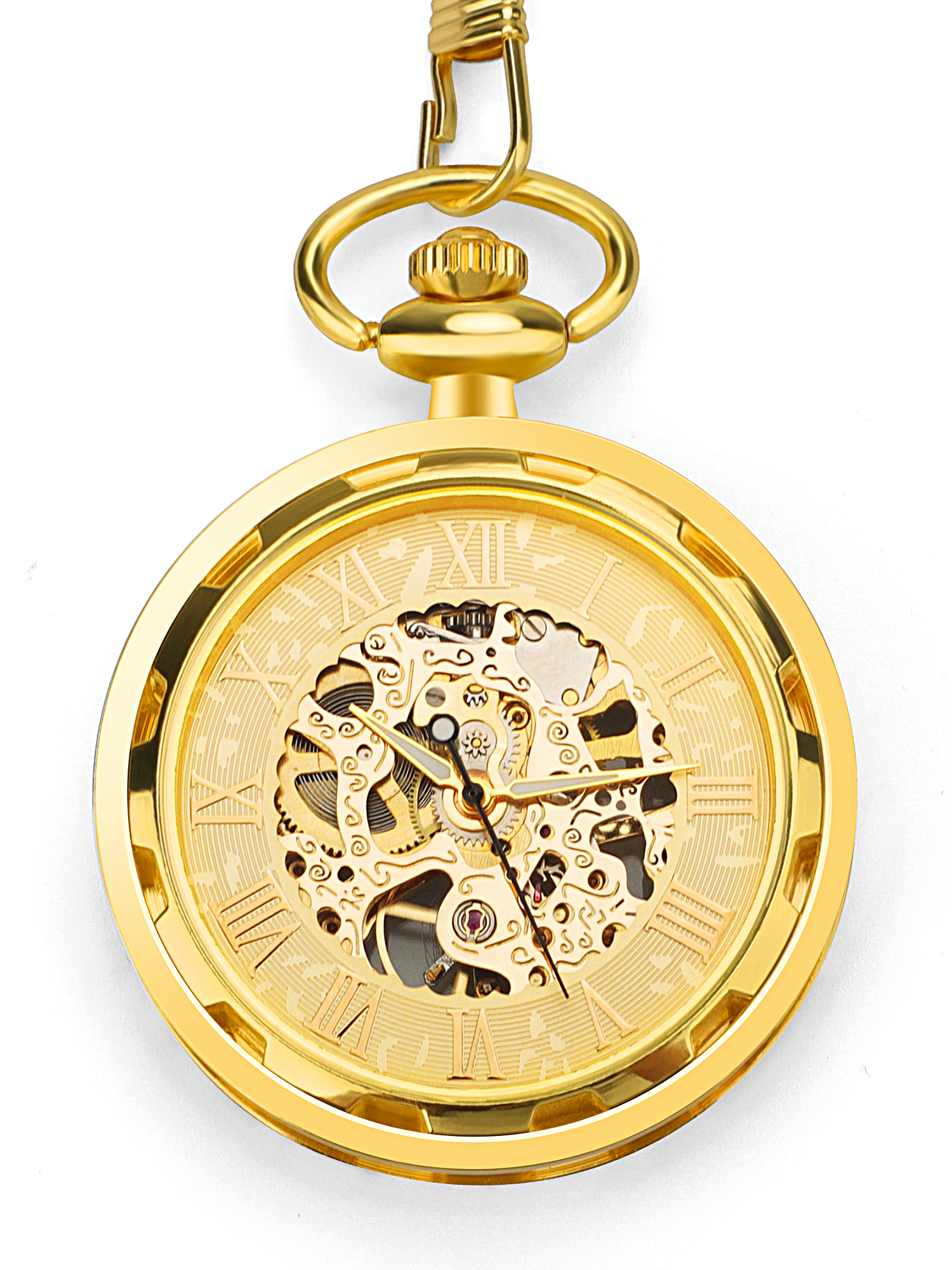 Men's Retro Mechanical Skeleton Pocket Watch with Chain, Roman Numerals