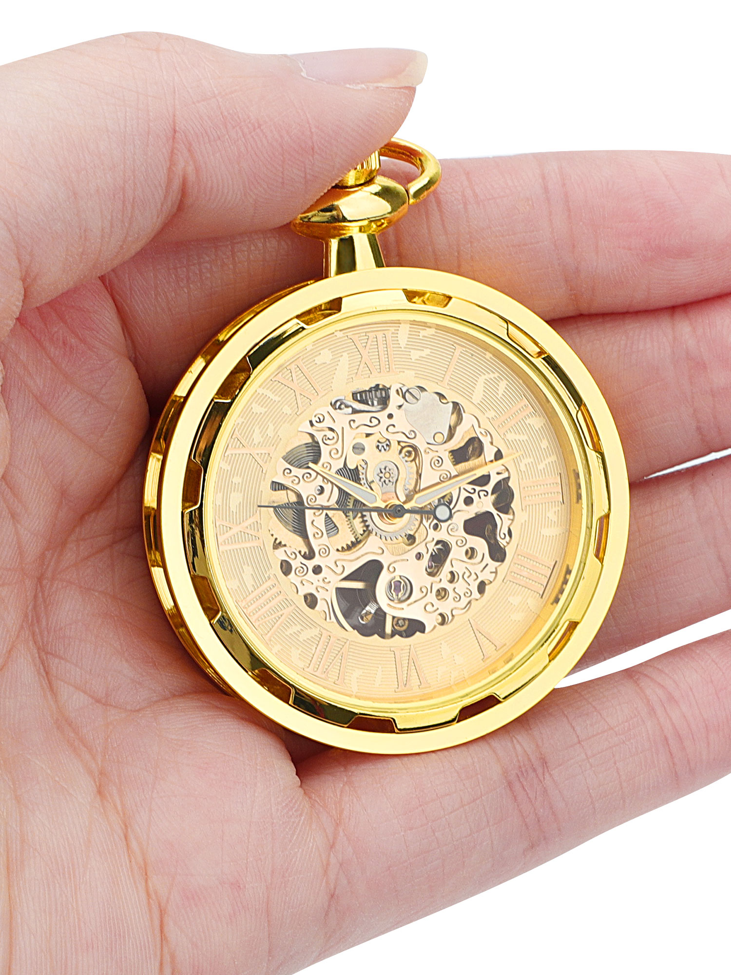 Men's Retro Mechanical Skeleton Pocket Watch with Chain, Roman Numerals