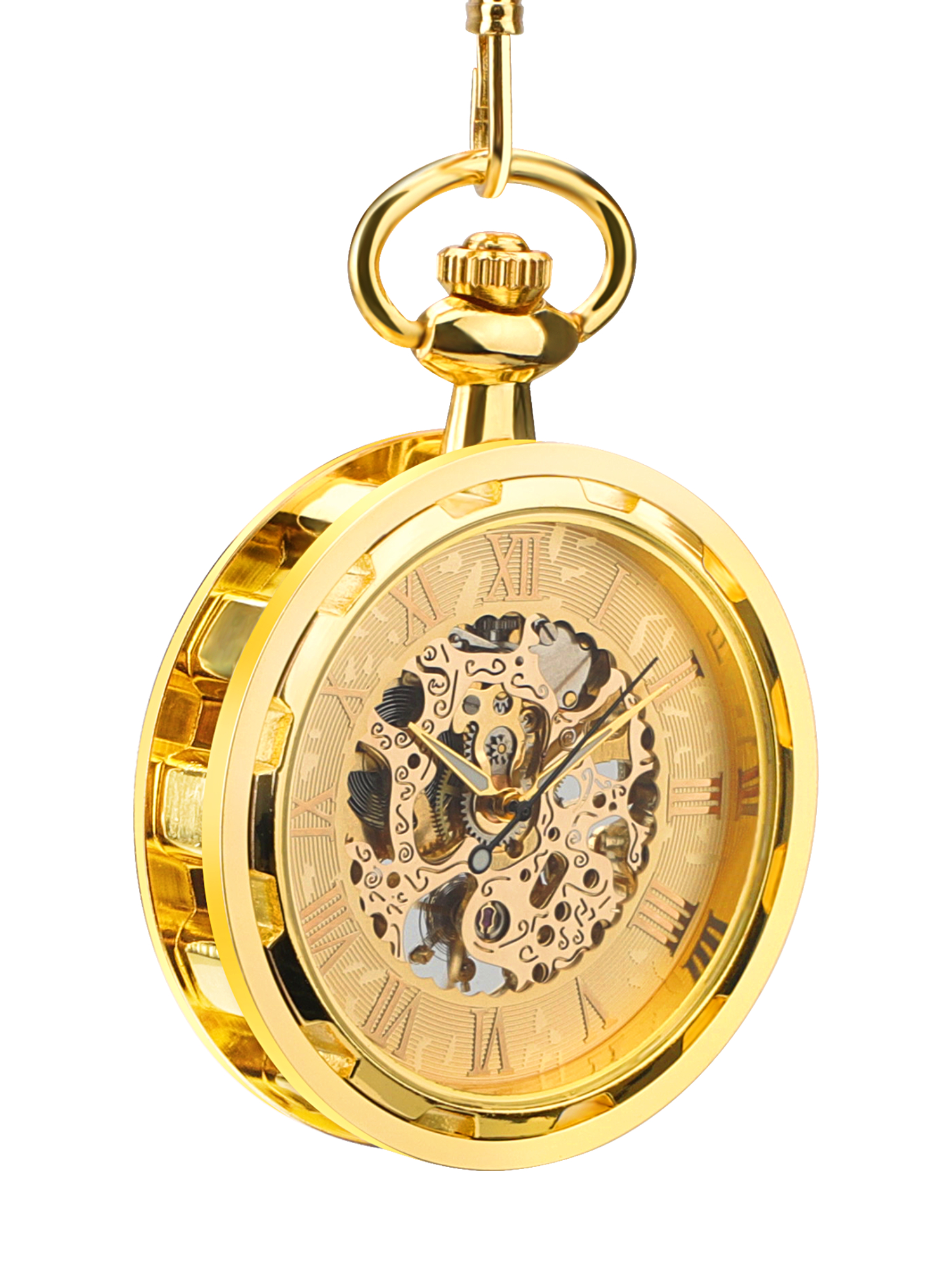 Men's Retro Mechanical Skeleton Pocket Watch with Chain, Roman Numerals
