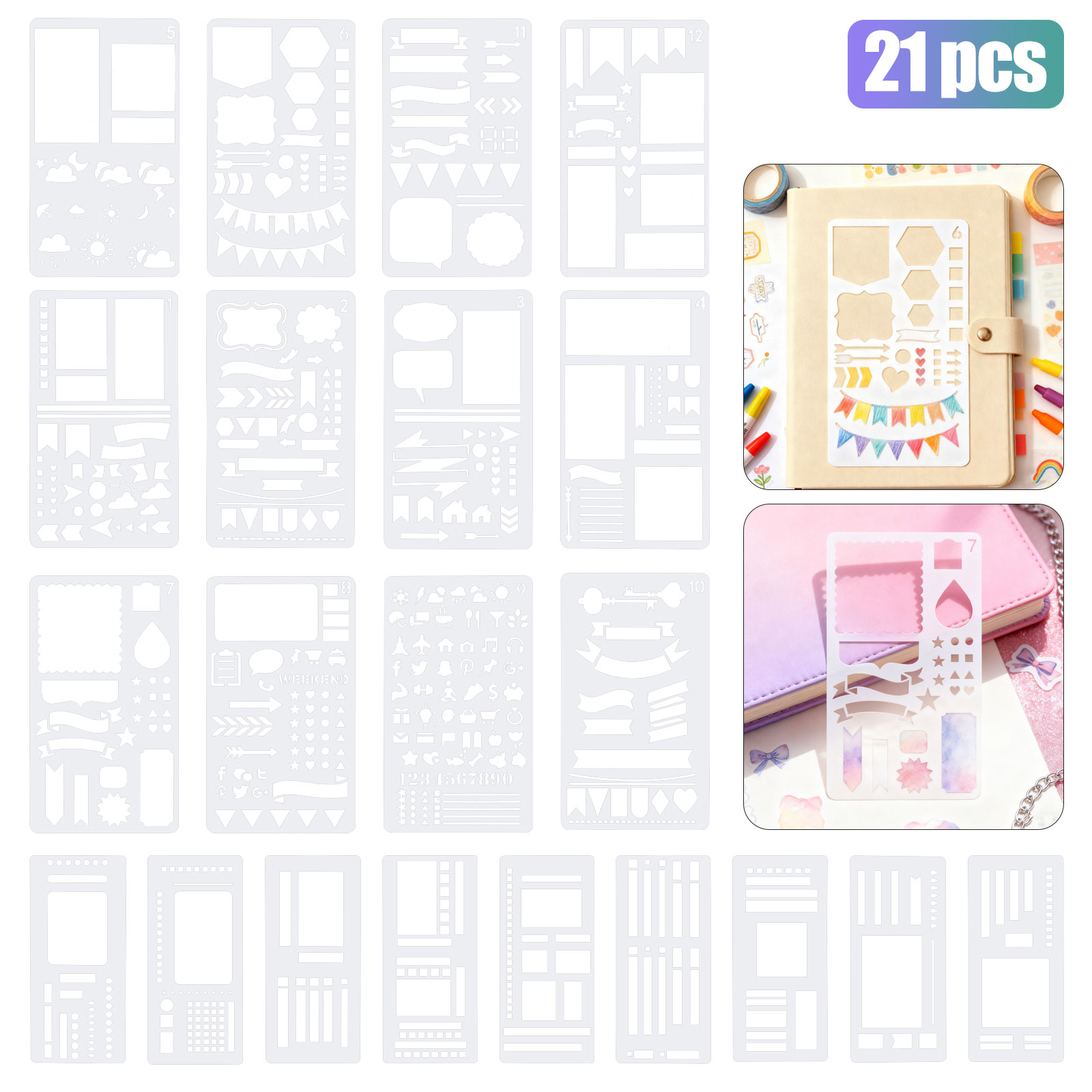 21pcs Reusable Craft Stencils for Painting, DIY Drawing Template Set for Wood, Card Making, Scrapbooking & Home Decor