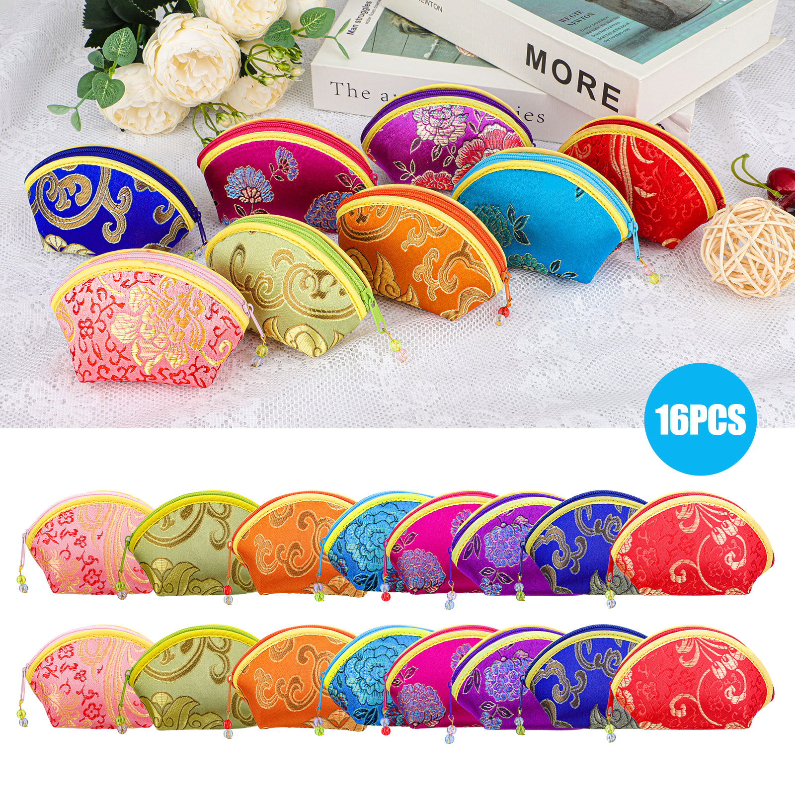 16pcs Silk Coin Purse, Zipper Jewelry Bag, Embroidered Sugar Bag, Lipstick Container, Silk Brocade Gift Bags