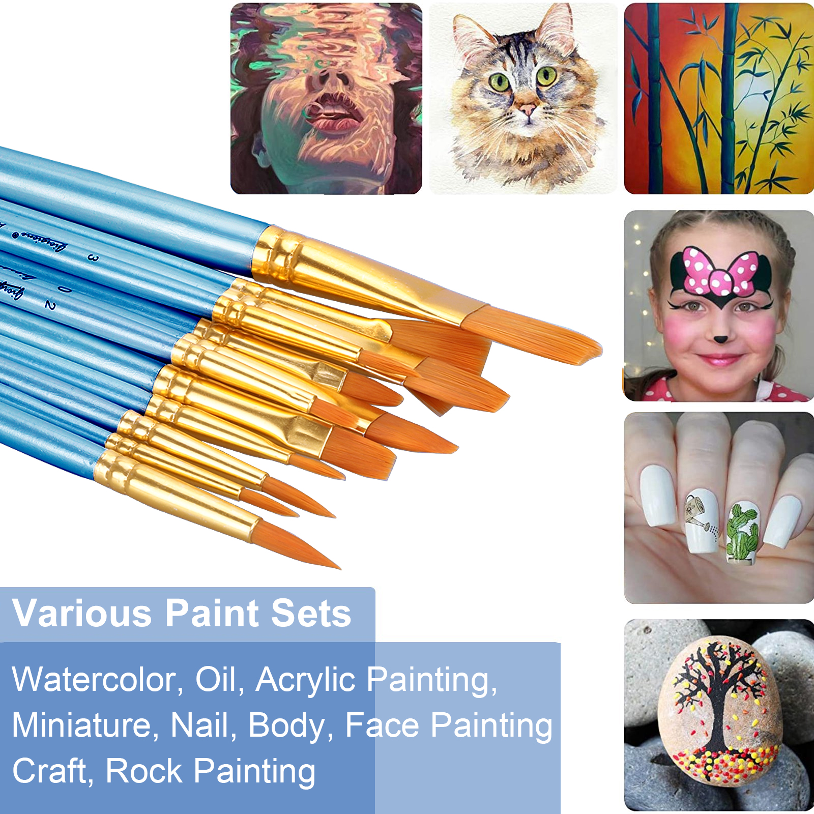 12 Pcs Artist Acrylic Paint Brushes Set with Nylon Hair for Oil Watercolor Face Nail Art Miniature Detail Rock Painting, Paintbrushes with Full Range of Sizes Shapes, Drawing Supplies