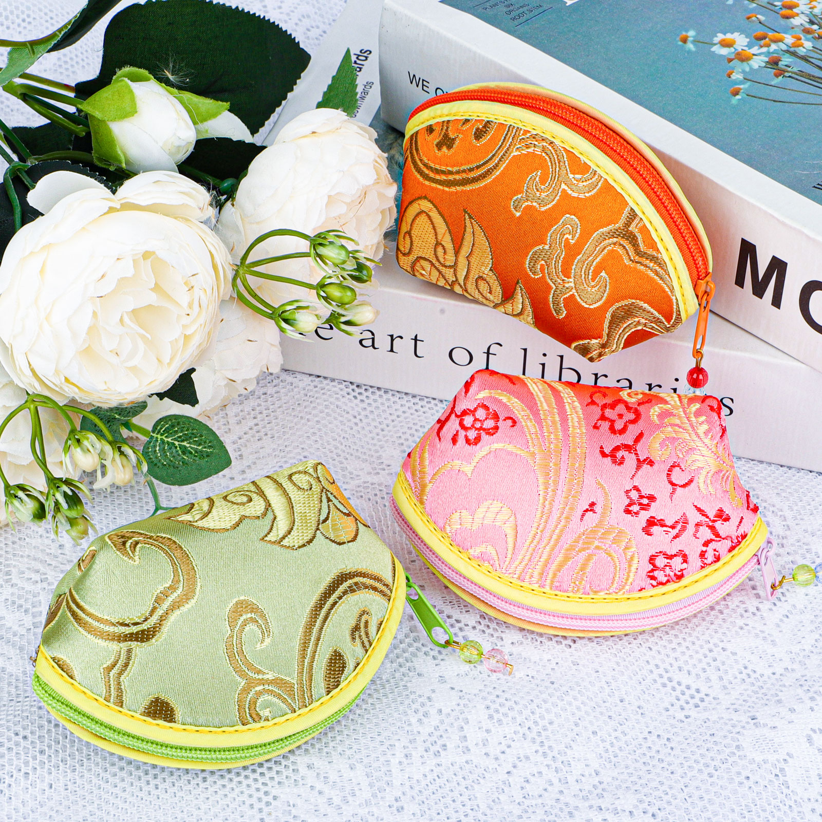 16pcs Silk Coin Purse, Zipper Jewelry Bag, Embroidered Sugar Bag, Lipstick Container, Silk Brocade Gift Bags