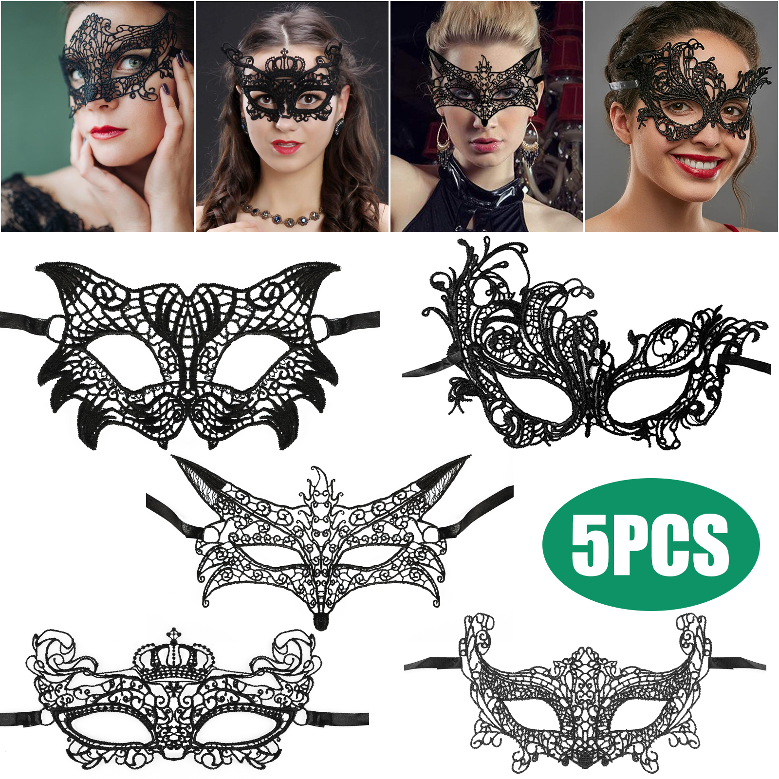 5pcs Black Lace Eye Masks for Women, Lace Eye Cover for Venetian Cosplay Masquerades Party