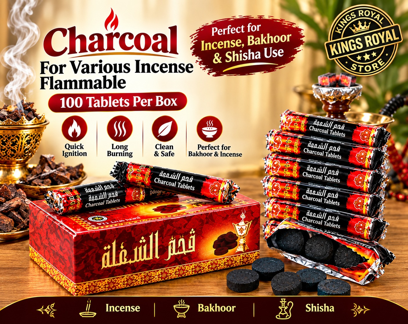Instant Charcoal Disks 100pcs – Quick Light Charcoal Tablets for Bakhoor, Incense, Oud, Shisha & Hookah