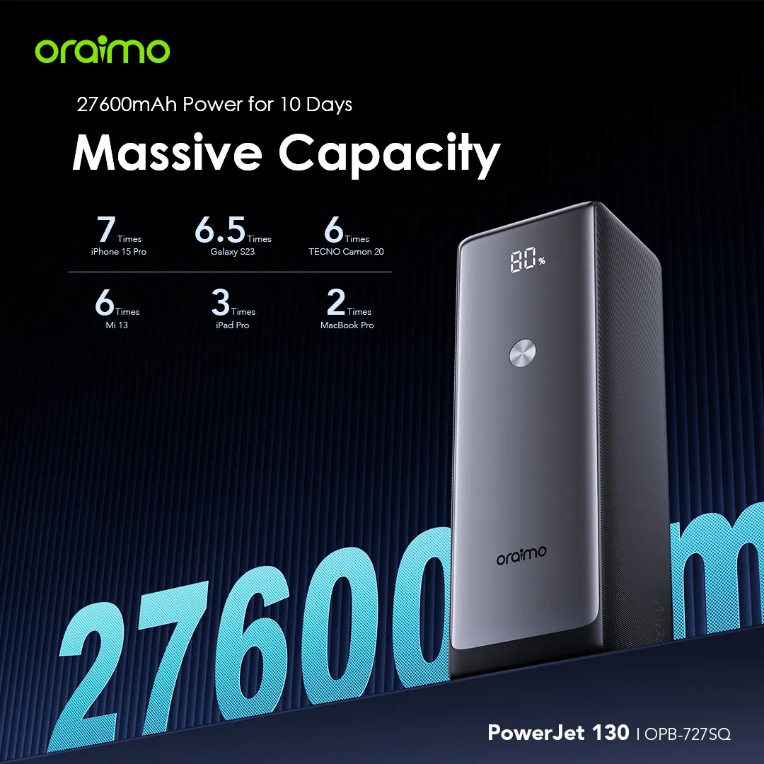 Oraimo PowerJet 130 Power Bank 27600mAh 130W Type-C Fast Charging Smart Digital Display